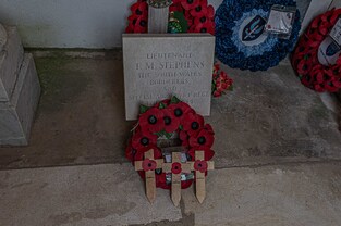 Lt Tomos Stephens is buried in the family crypt of the De Montjon and Mangier families. 