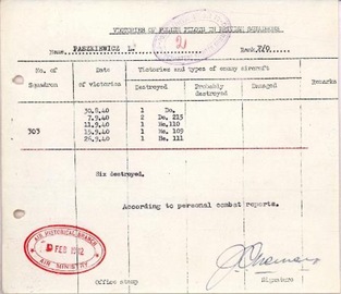List of Flying Officer Ludwik Paszkiewicz's aerial victories