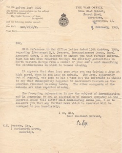 Letter from the War Office to Jimmy Pearson's father 