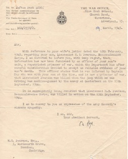 Letter from the War Office to Jimmy Pearson's father confirming the assumption of his death in action. 