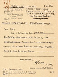 Letter from the War Office confirming Jimmy's burial at Arnhem Oosterbeek Cemetery. 